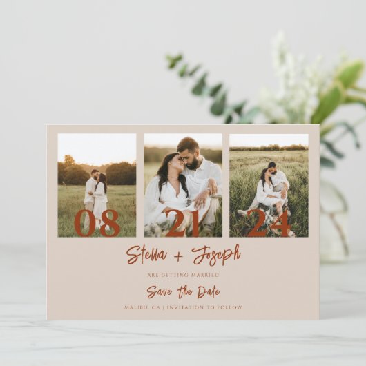 Elegant Boho Terrcaotta Modern 3 foto's Bruiloft Save The Date (Staand voorkant)