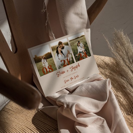 Elegant Boho Terrcaotta Modern 3 foto's Bruiloft Save The Date