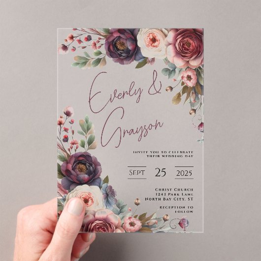 Elegant Boho Victoriaans Rose Boeket Acryl Uitnodigingen (Insitu (Draagbaar))