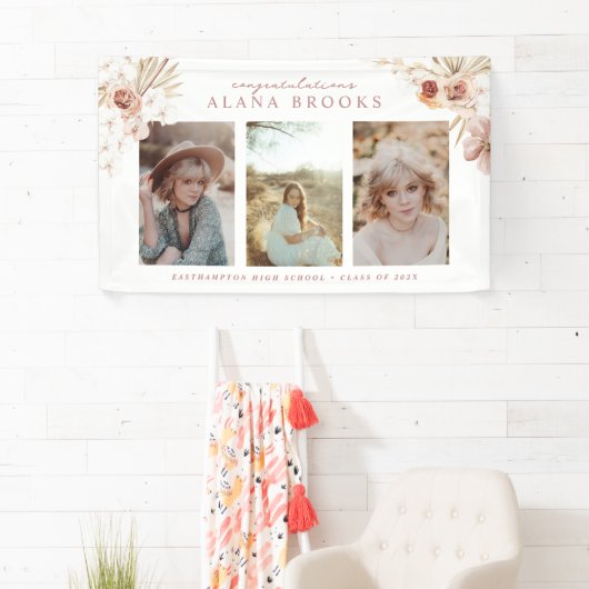 Elegant Boho Waterverf Bloemen Afstuderen Spandoek (Insitu)