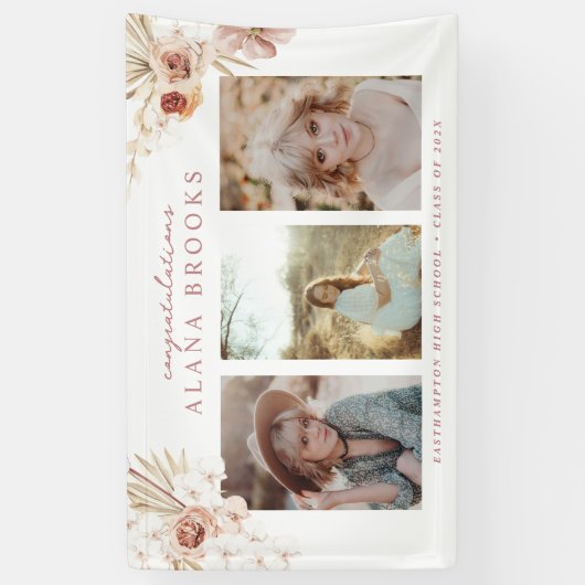 Elegant Boho Waterverf Bloemen Afstuderen Spandoek (Verticaal)