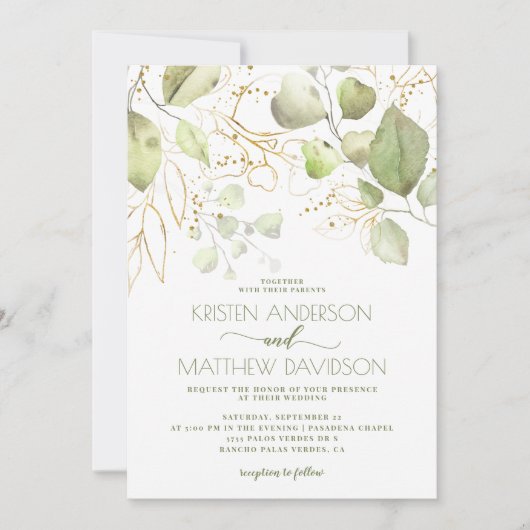 Elegant Boho Waterverf Greenery Gold Wedding Kaart (Voorkant)