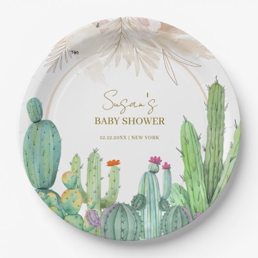 Elegant Boho Western Cactus Arch Baby shower Papieren Bordje (Voorkant)