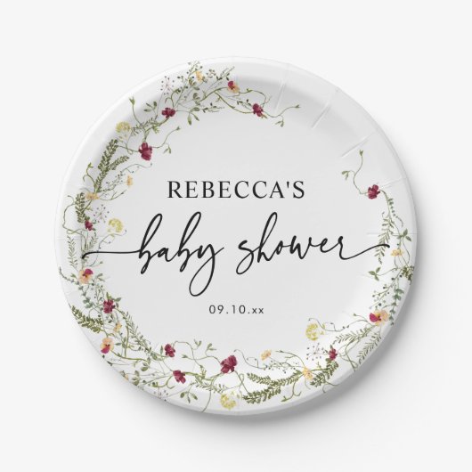 Elegant Boho Wildbloemen Baby shower Papieren Bord (Voorkant)