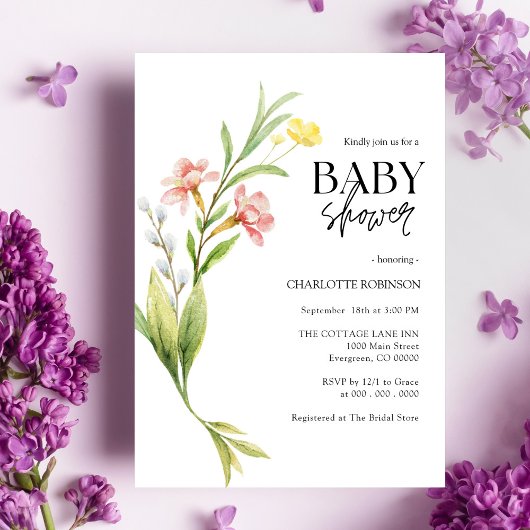 Elegant Boho Wildflower Baby shower Invitation Kaart
