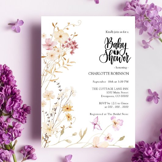 Elegant Boho Wildflower Baby shower Invitation Kaart