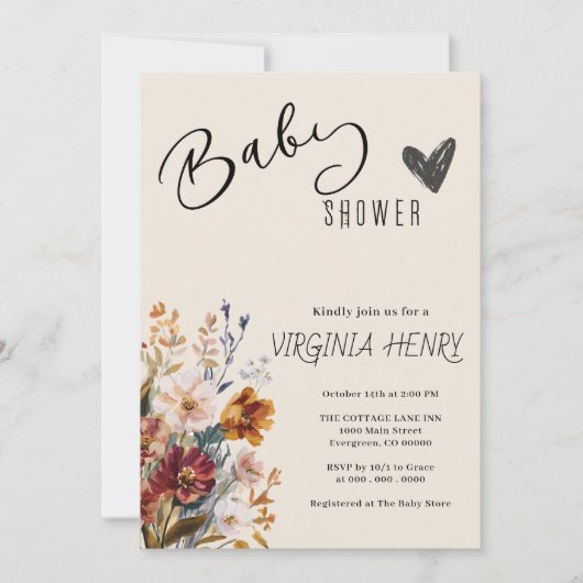 Elegant Boho Wildflower Baby shower Kaart (Voorkant)