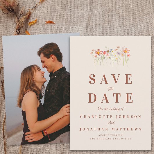 Elegant Boho Wildflower Beige Photo Wedding Save The Date