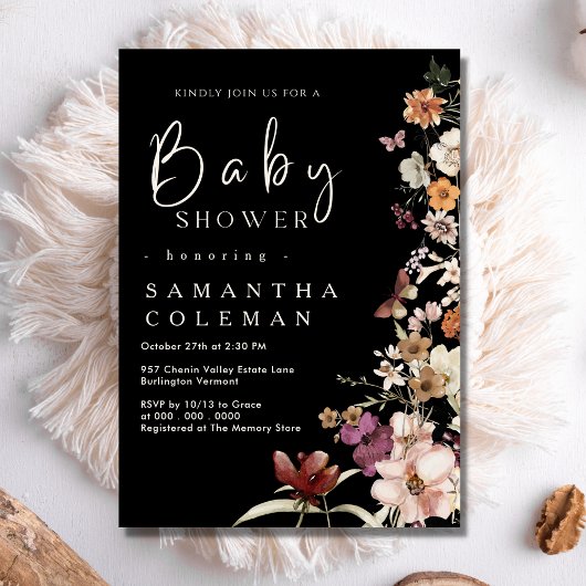Elegant Boho Wildflower Black Pastel Baby shower Kaart