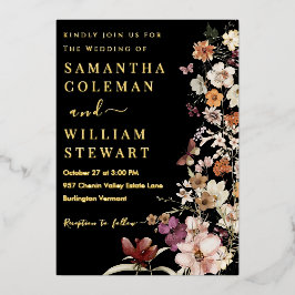 Elegant Boho Wildflower Black Rustic Wedding Folie Uitnodiging