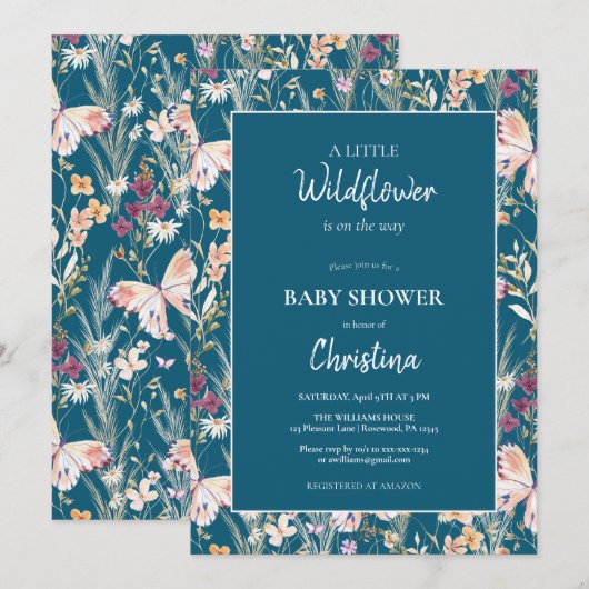 Elegant Boho Wildflower Blauw Baby shower Kaart (Voorkant / Achterkant)