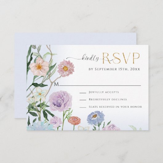 Elegant BOHO Wildflower Bloemen Waterverf Blauw RSVP Kaartje (Voorkant / Achterkant)