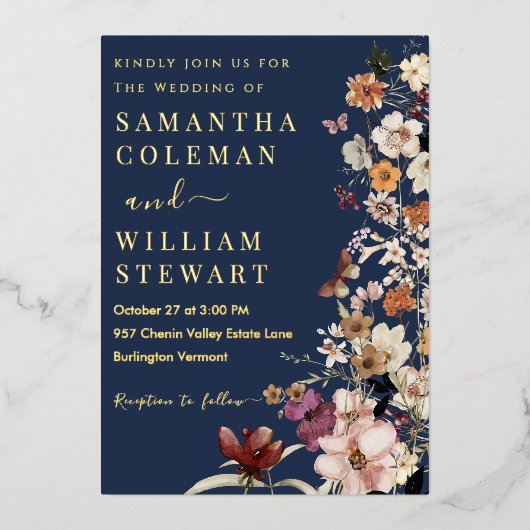 Elegant Boho Wildflower Blue Navy Rustic Wedding Folie Uitnodiging (Voorkant)