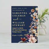 Elegant Boho Wildflower Blue Navy Rustic Wedding Folie Uitnodiging (Staand Voorkant)