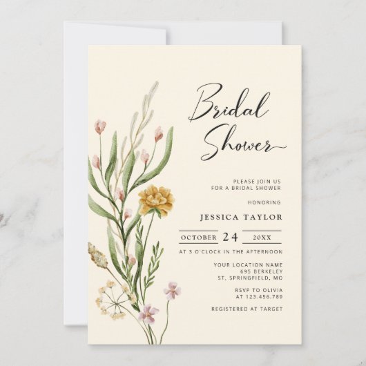Elegant Boho Wildflower Bridal Shower Invitation Kaart (Voorkant)