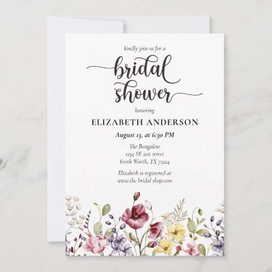 Elegant Boho Wildflower Bridal Shower Invitation Kaart (Voorkant)
