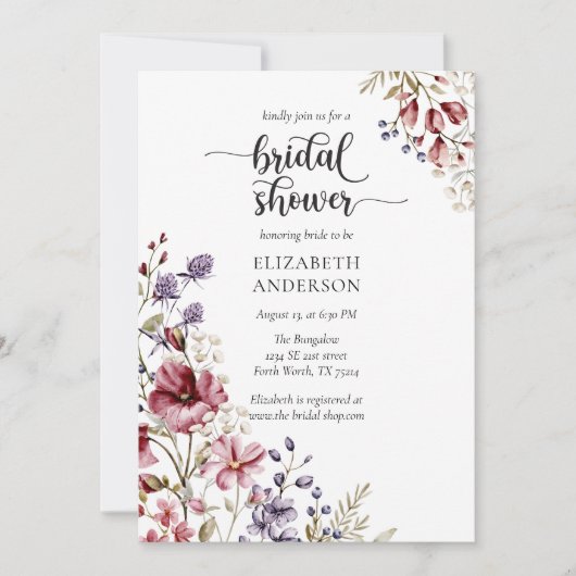 Elegant Boho Wildflower Bridal Shower Invitation Kaart (Voorkant)