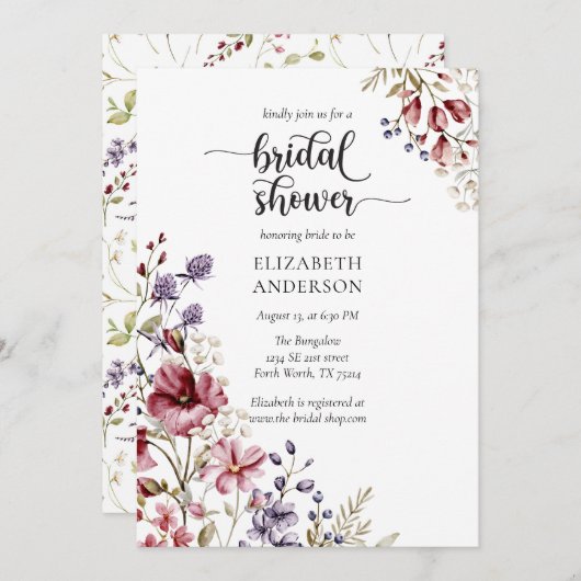 Elegant Boho Wildflower Bridal Shower Invitation Kaart (Voorkant / Achterkant)