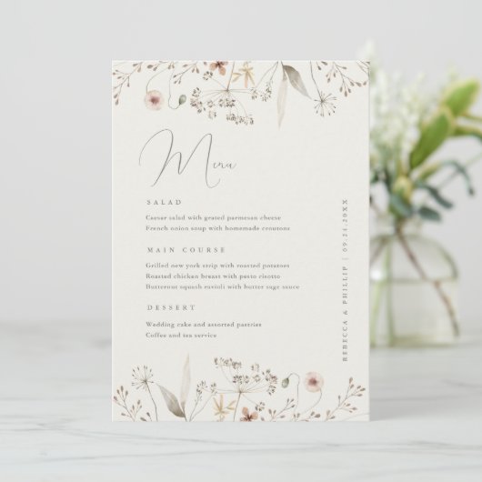 Elegant Boho Wildflower bruiloft diner Menu (Staand voorkant)