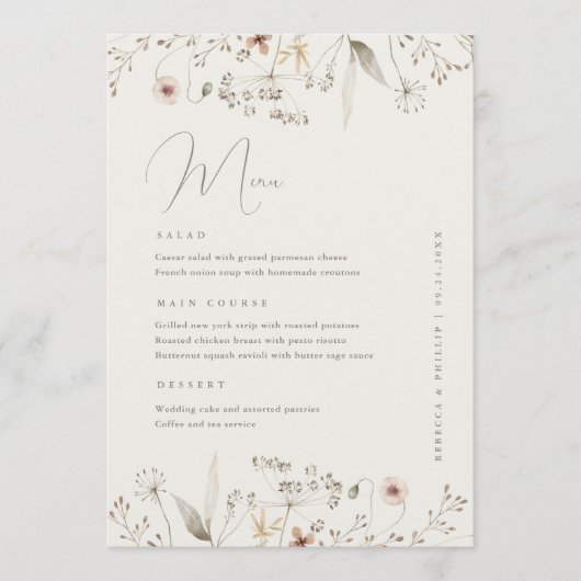 Elegant Boho Wildflower bruiloft diner Menu (Voorkant)