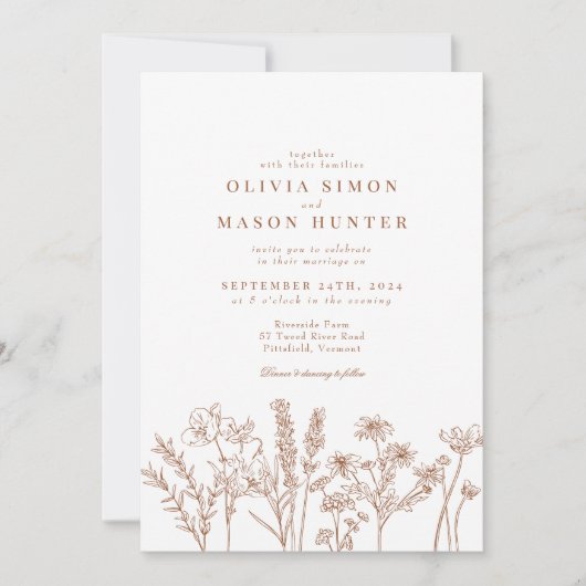 Elegant Boho Wildflower Burnt Sinaasappel Wedding Kaart (Voorkant)