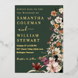 Elegant Boho Wildflower Donk Green Rustic Wedding Folie Uitnodiging