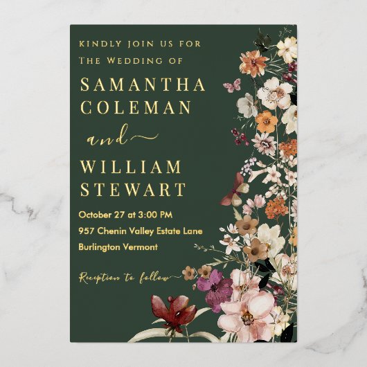 Elegant Boho Wildflower Donk Green Rustic Wedding Folie Uitnodiging (Voorkant)
