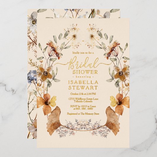 Elegant Boho Wildflower Elegant Vrijgezellenfeest Folie Uitnodiging (Voorkant / Achterkant)