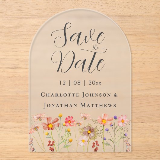 Elegant Boho Wildflower Meadow Wedding Acryl Uitnodigingen (Voorkant)