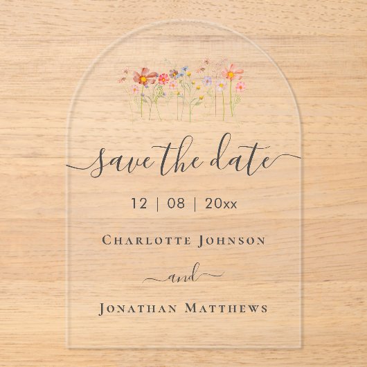 Elegant Boho Wildflower Meadow Wedding Acryl Uitnodigingen (Voorkant)