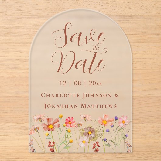 Elegant Boho Wildflower Meadow Wedding Acryl Uitnodigingen (Voorkant)