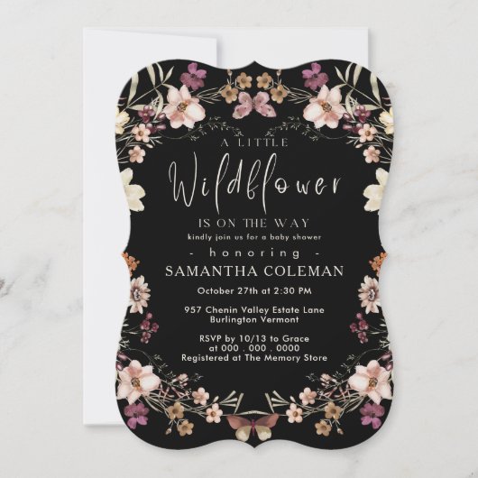 Elegant Boho Wildflower Modern Black Baby shower Kaart (Voorkant)