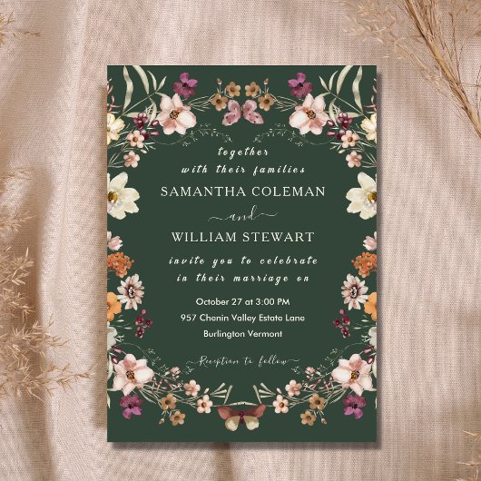 Elegant Boho Wildflower Modern Dark Green Wedding Kaart