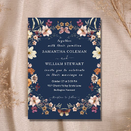 Elegant Boho Wildflower Modern Navy Blue Wedding Kaart