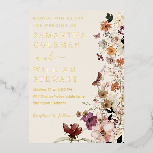 Elegant Boho Wildflower Modern Rustic Wedding Folie Uitnodiging (Voorkant)