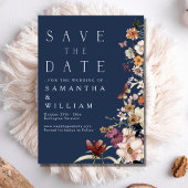 Elegant Boho Wildflower Navy Blue Save the Date Kaart