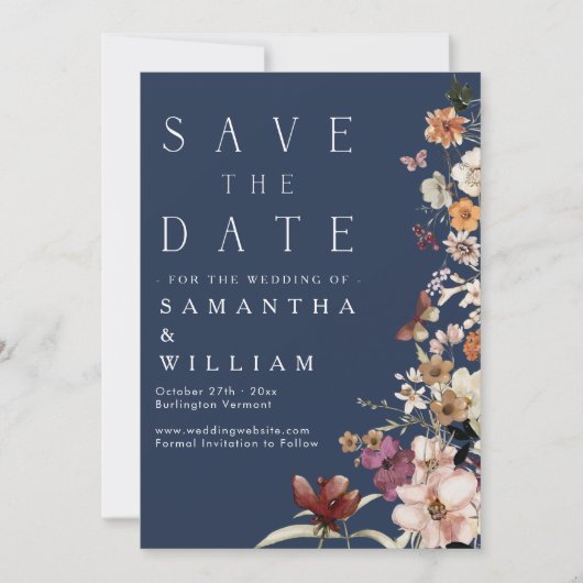 Elegant Boho Wildflower Navy Blue Save the Date Kaart (Voorkant)