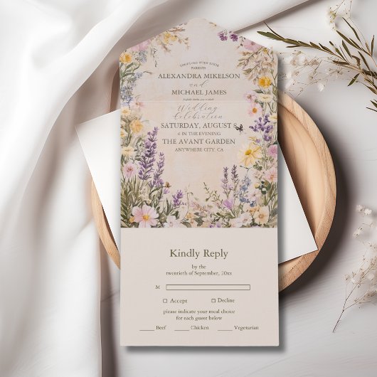 Elegant Boho Wildflower Wedding All In One Uitnodiging