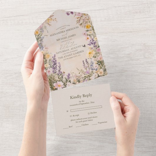 Elegant Boho Wildflower Wedding All In One Uitnodiging (Afscheurbaar)