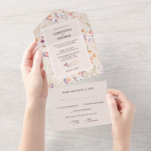 Elegant Boho Wildflower Wedding All In One Uitnodiging (Afscheurbaar)