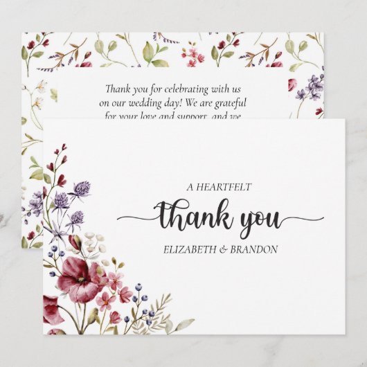 Elegant Boho Wildflower Wedding Bedankt Kaart (Voorkant / Achterkant)