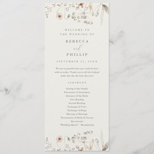 Elegant Boho Wildflower Wedding Programmakaart (Voorkant)
