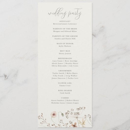 Elegant Boho Wildflower Wedding Programmakaart (Achterkant)