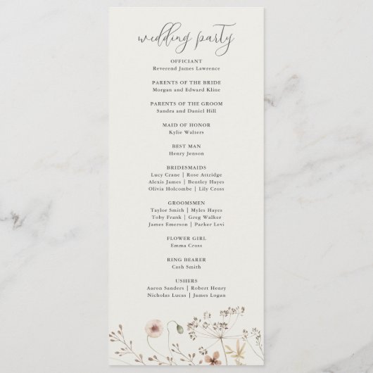 Elegant Boho Wildflower Wedding Programmakaart (Achterkant)