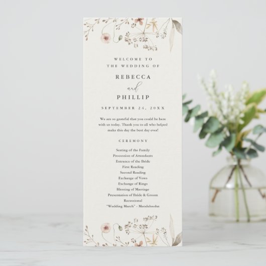 Elegant Boho Wildflower Wedding Programmakaart (Staand voorkant)