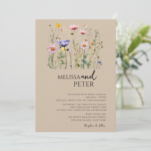 Elegant Boho Wildflower Wedding Uitnodiging (Staand voorkant)