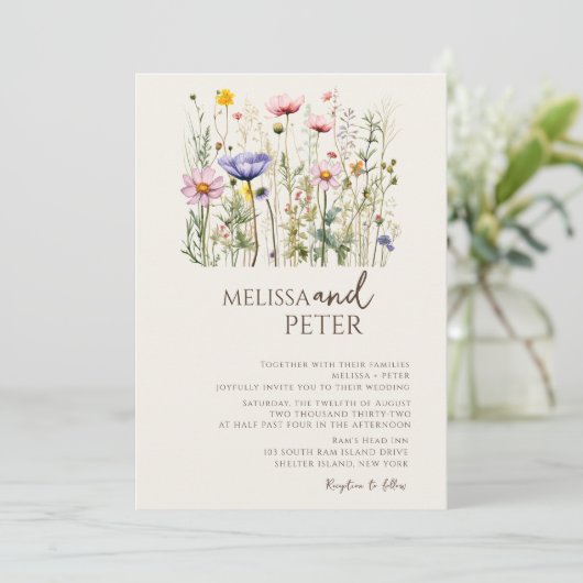 Elegant Boho Wildflower Wedding Uitnodiging (Staand voorkant)