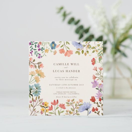 Elegant Boho Wildflower Wedding Uitnodiging (Staand voorkant)