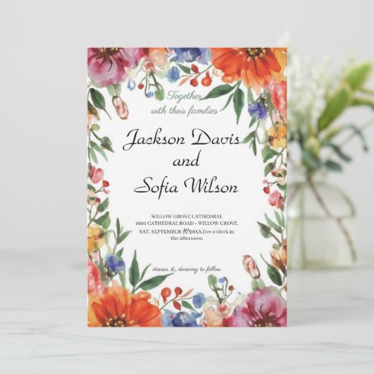 Elegant Boho Wildflower Wedding Uitnodiging (Staand voorkant)