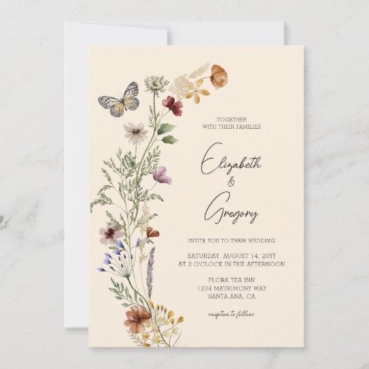 Elegant Boho Wildflower Wedding Uitnodiging (Voorkant)